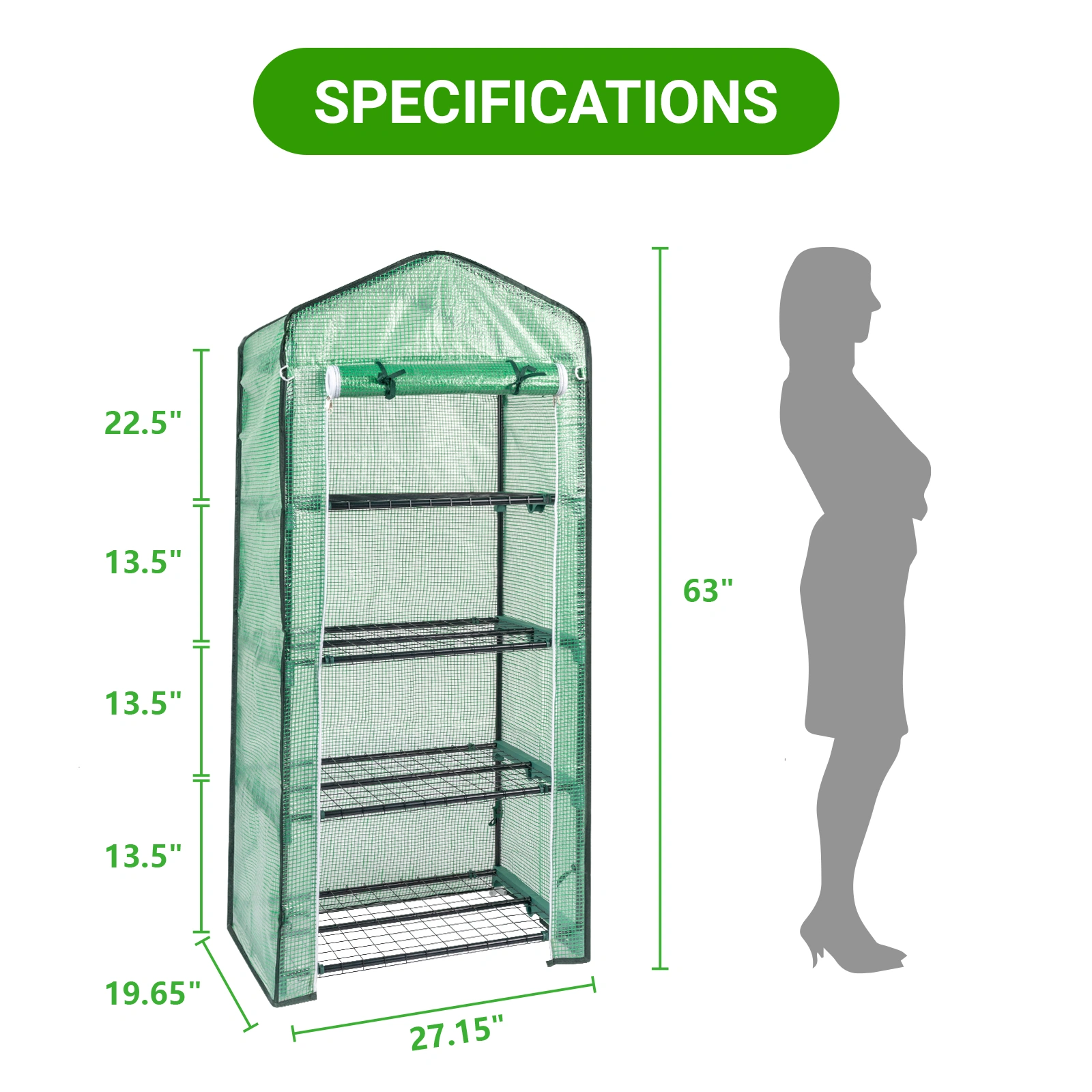 4-Tier Black Metal Flower Stand 69x49x160cm - Iron Pipe Plant Rack with Zipper Roll-Up Door & PE Cover, Grid Shelves, Pointed Top view 8