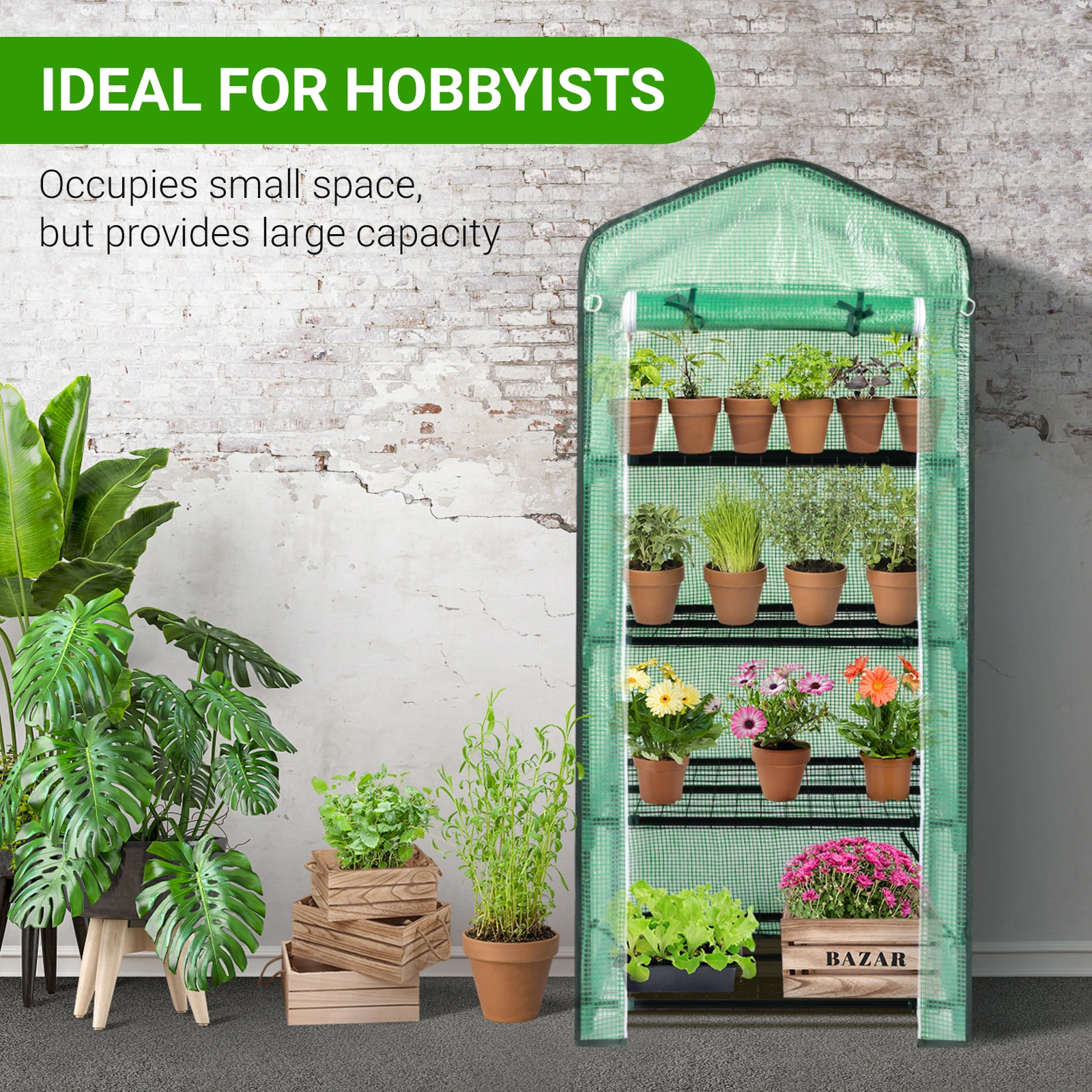 4-Tier Black Metal Flower Stand 69x49x160cm - Iron Pipe Plant Rack with Zipper Roll-Up Door & PE Cover, Grid Shelves, Pointed Top view 9
